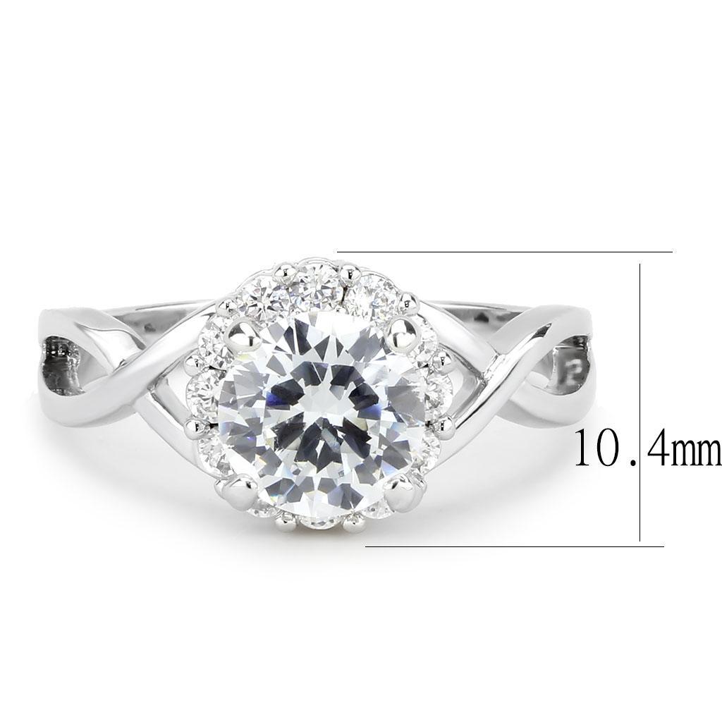 3W1575 Rhodium Brass Ring featuring a clear AAA Grade CZ stone, showcasing its elegant design and luxurious finish.