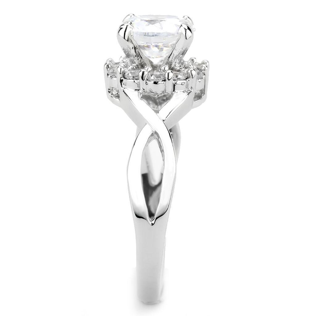 3W1575 Rhodium Brass Ring featuring a clear AAA Grade CZ stone, showcasing its elegant design and luxurious finish.