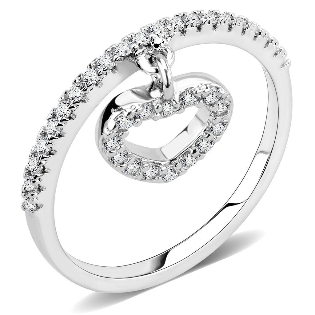 3W1579 Rhodium Brass Ring featuring a clear AAA Grade CZ stone, showcasing its elegant design and shiny finish.