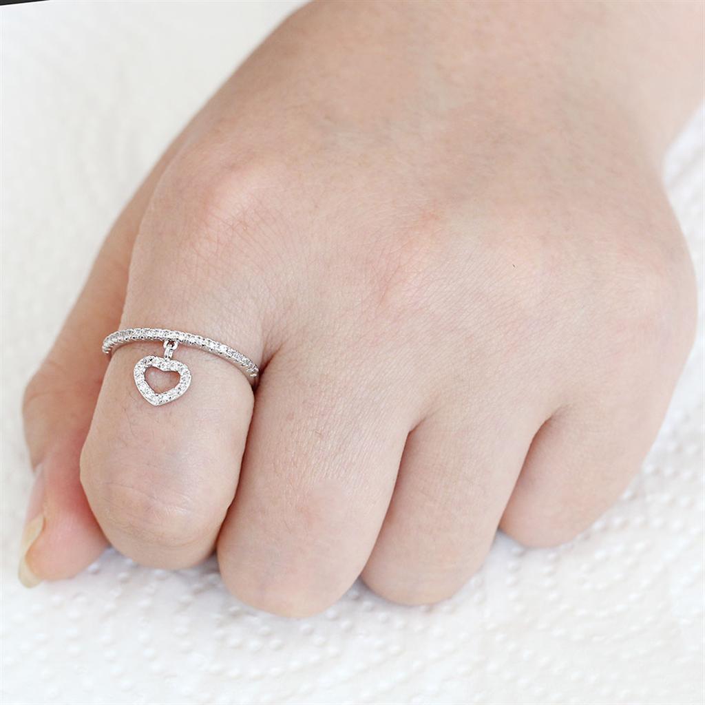 3W1579 Rhodium Brass Ring featuring a clear AAA Grade CZ stone, showcasing its elegant design and shiny finish.