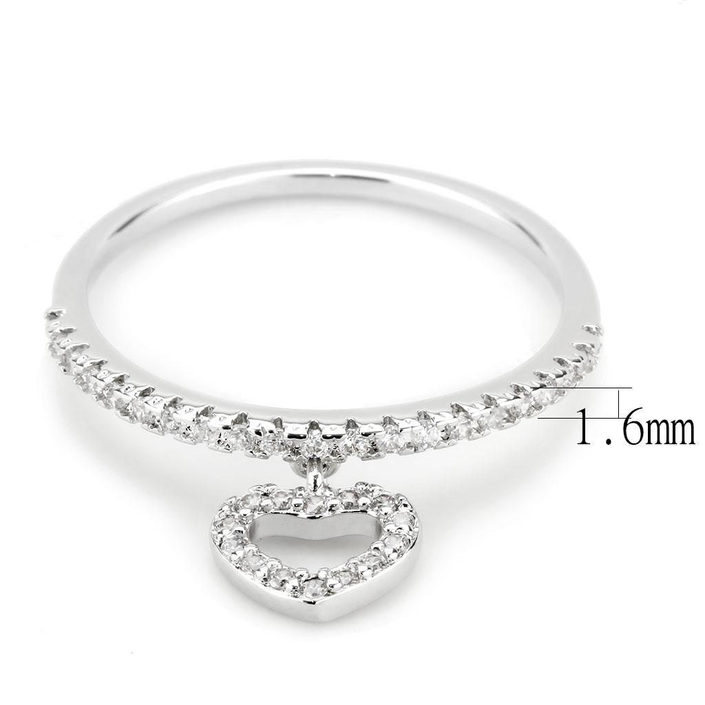 3W1579 Rhodium Brass Ring featuring a clear AAA Grade CZ stone, showcasing its elegant design and shiny finish.