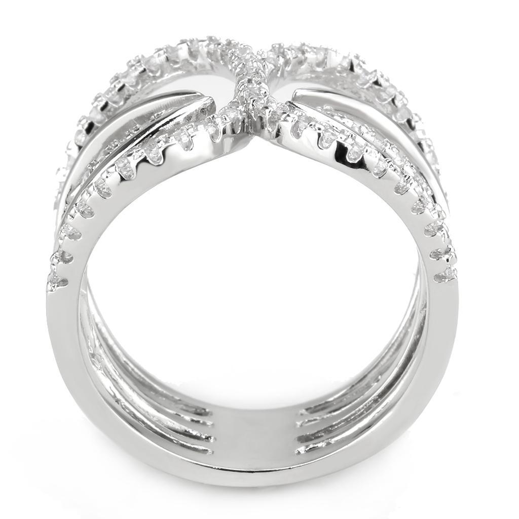 Elegant Rhodium Brass Ring featuring AAA Grade CZ in Clear, showcasing its sparkling center stone and luxurious finish.