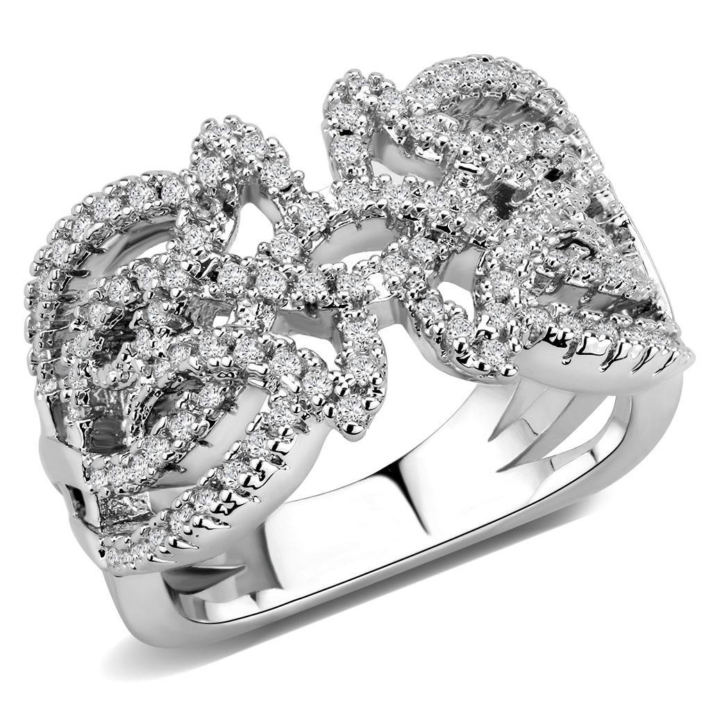 3W1581 Rhodium Brass Ring featuring a clear AAA Grade CZ stone, showcasing its elegant design and luxurious finish.