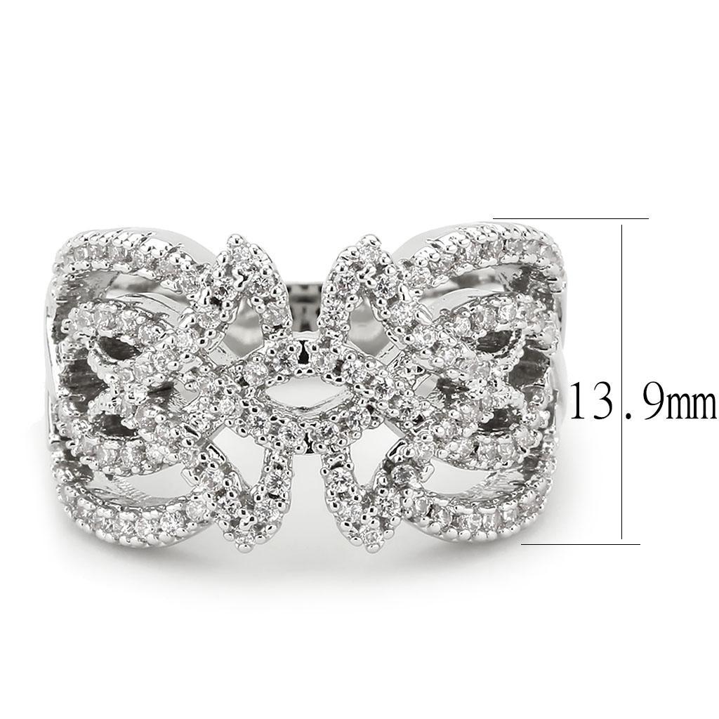 3W1581 Rhodium Brass Ring featuring a clear AAA Grade CZ stone, showcasing its elegant design and luxurious finish.