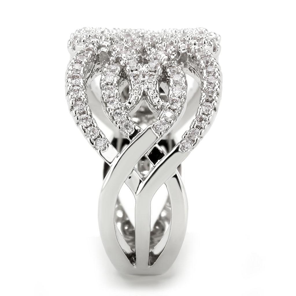 3W1581 Rhodium Brass Ring featuring a clear AAA Grade CZ stone, showcasing its elegant design and luxurious finish.