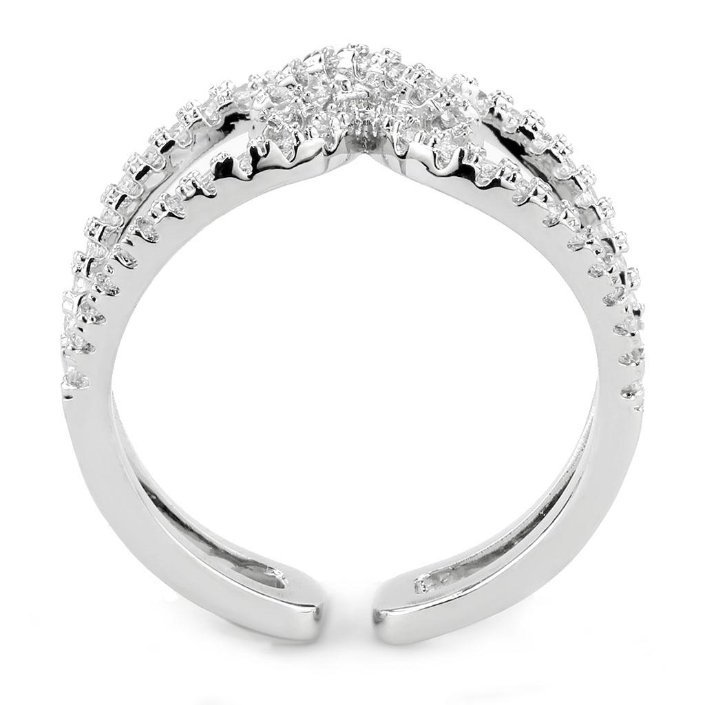 Elegant rhodium brass ring featuring a clear AAA Grade CZ center stone, showcasing its brilliance and craftsmanship.