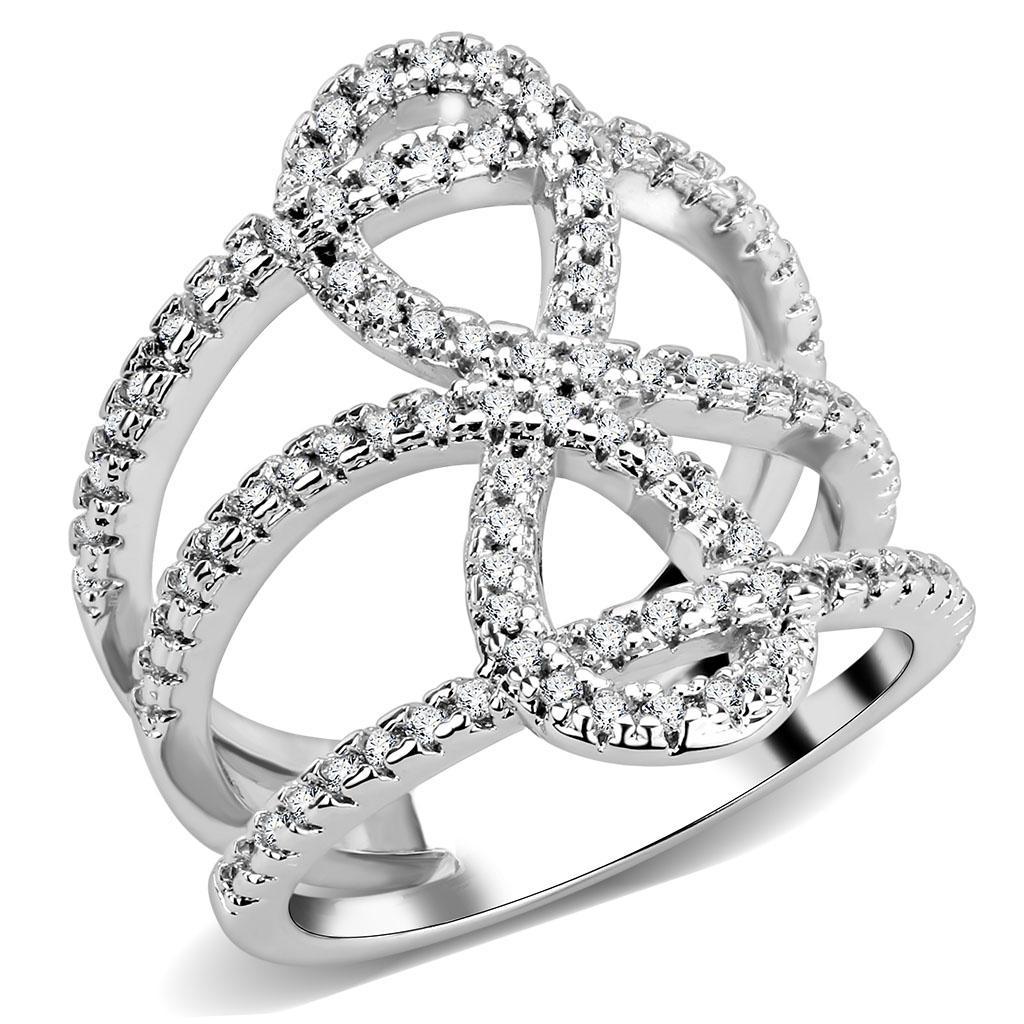 3W1587 Rhodium Brass Ring featuring a clear AAA Grade CZ stone, showcasing its elegant design and shiny finish.