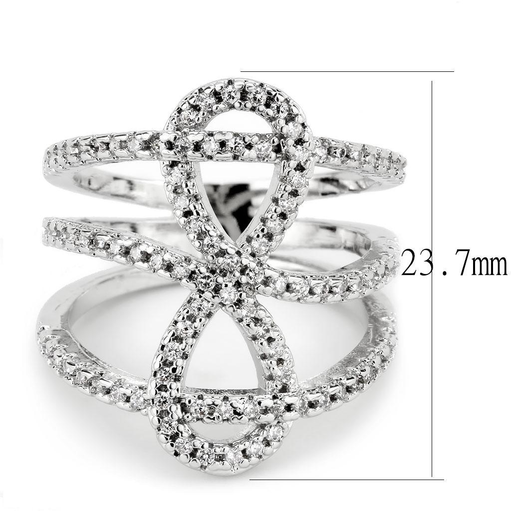 3W1587 Rhodium Brass Ring featuring a clear AAA Grade CZ stone, showcasing its elegant design and shiny finish.