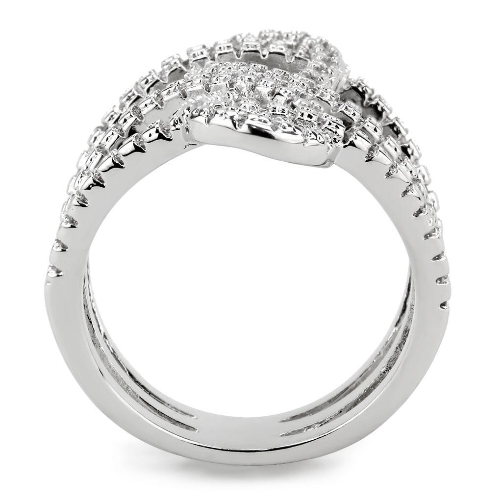 3W1587 Rhodium Brass Ring featuring a clear AAA Grade CZ stone, showcasing its elegant design and shiny finish.