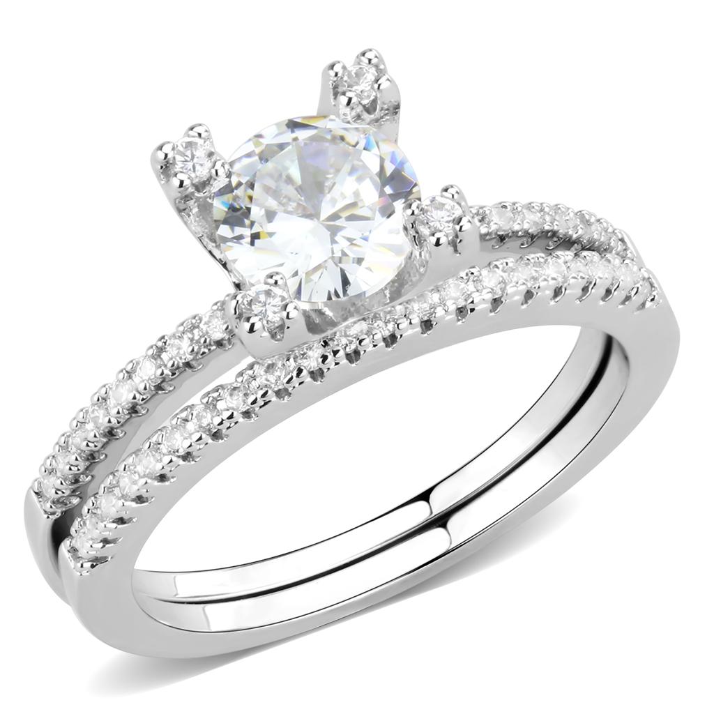 3W1589 Rhodium Brass Ring featuring a clear AAA Grade CZ stone, showcasing its elegant design and luxurious finish.