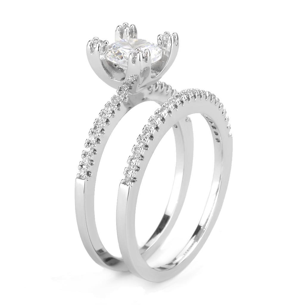 3W1589 Rhodium Brass Ring featuring a clear AAA Grade CZ stone, showcasing its elegant design and luxurious finish.