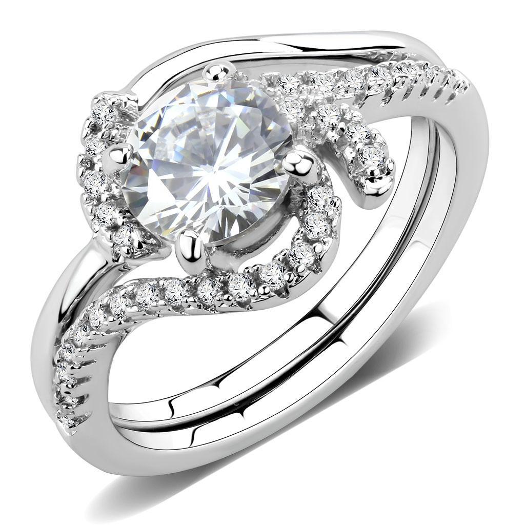 3W1591 Rhodium Brass Ring featuring a clear AAA Grade CZ center stone, showcasing its elegant design and shiny finish.