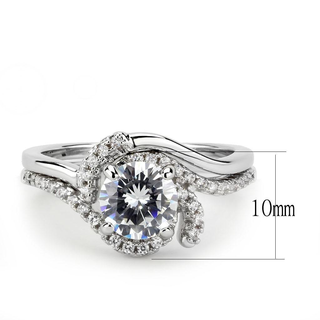 3W1591 Rhodium Brass Ring featuring a clear AAA Grade CZ center stone, showcasing its elegant design and shiny finish.