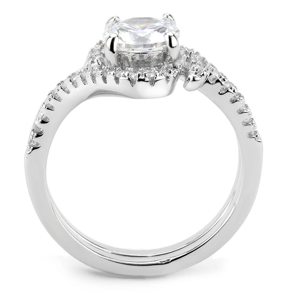 3W1591 Rhodium Brass Ring featuring a clear AAA Grade CZ center stone, showcasing its elegant design and shiny finish.