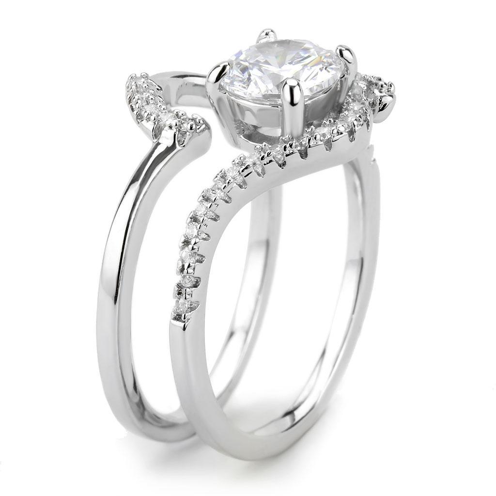 3W1591 Rhodium Brass Ring featuring a clear AAA Grade CZ center stone, showcasing its elegant design and shiny finish.