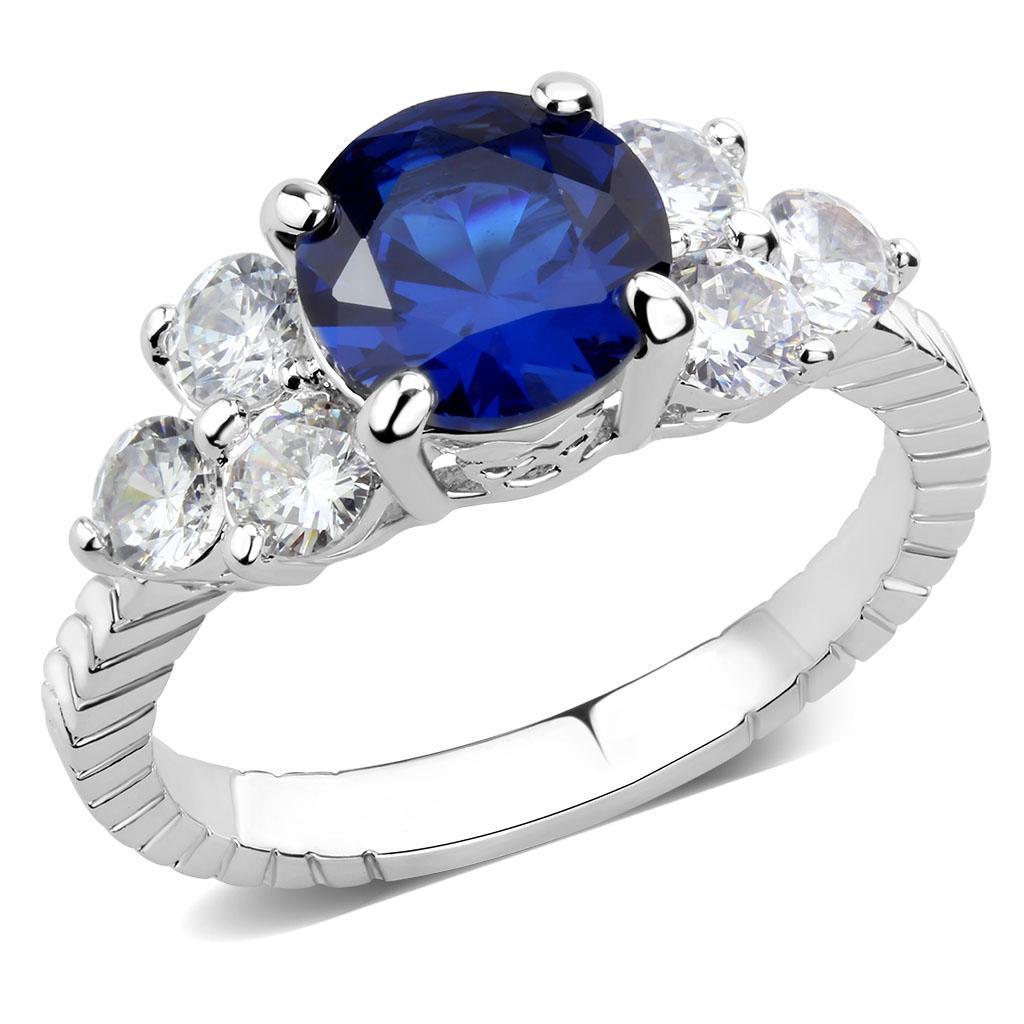 3W1601 Rhodium Brass Ring featuring an 8 mm AAA Grade CZ stone in London Blue, showcasing its elegant design and luxurious finish.