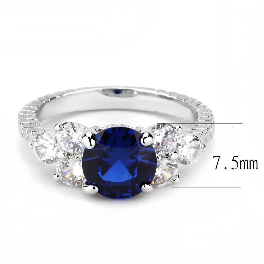 3W1601 Rhodium Brass Ring featuring an 8 mm AAA Grade CZ stone in London Blue, showcasing its elegant design and luxurious finish.