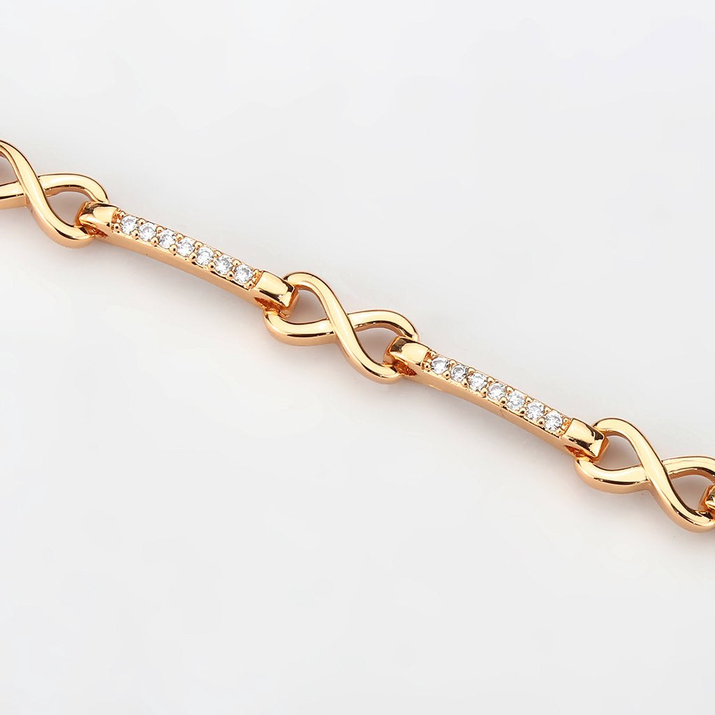 3W1630 Flash Rose Gold Brass Bracelet featuring AAA Grade CZ stones in clear, showcasing its elegant design and luxurious finish.