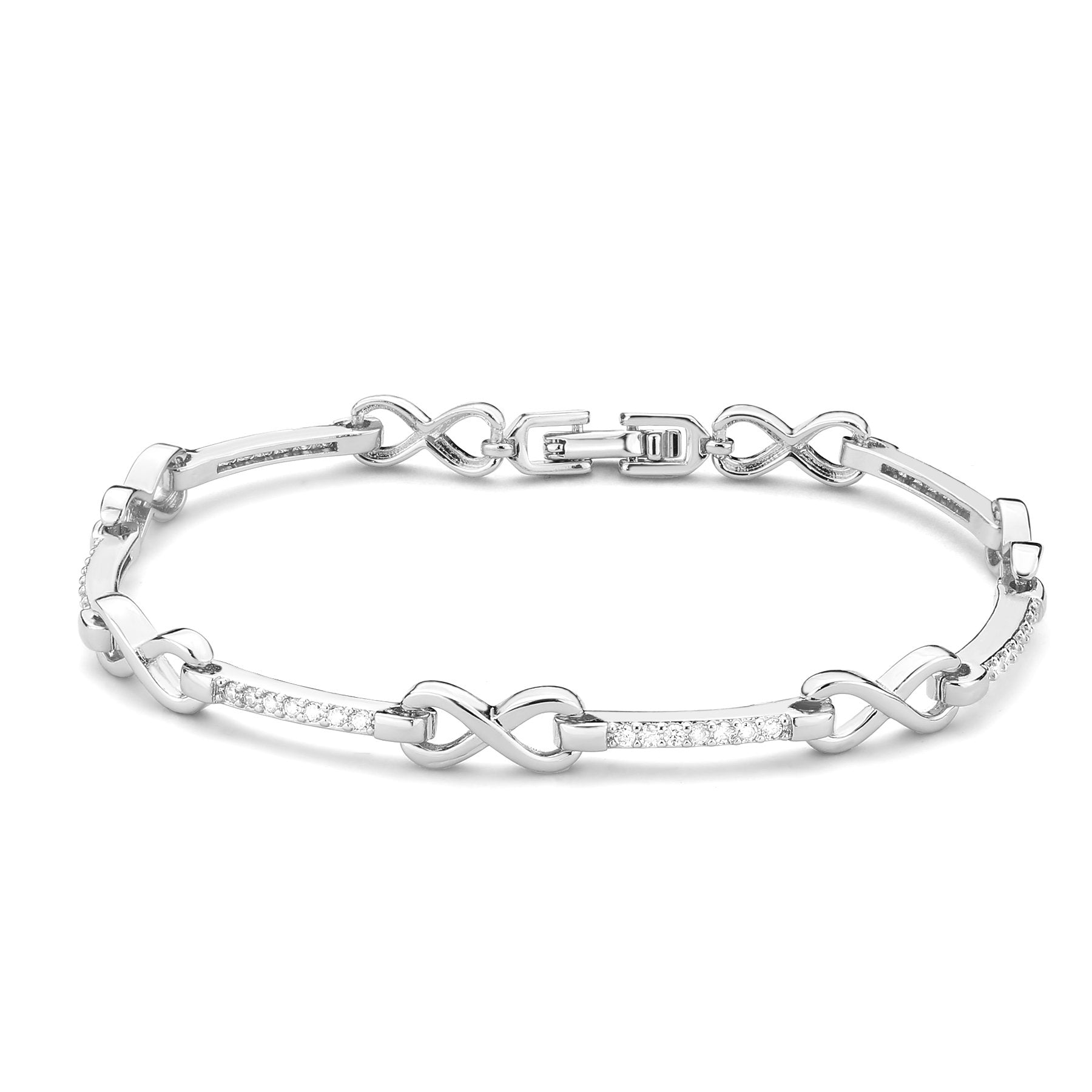 3W1631 Rhodium Brass Bracelet featuring a clear AAA Grade CZ stone, showcasing its elegant design and luxurious finish.