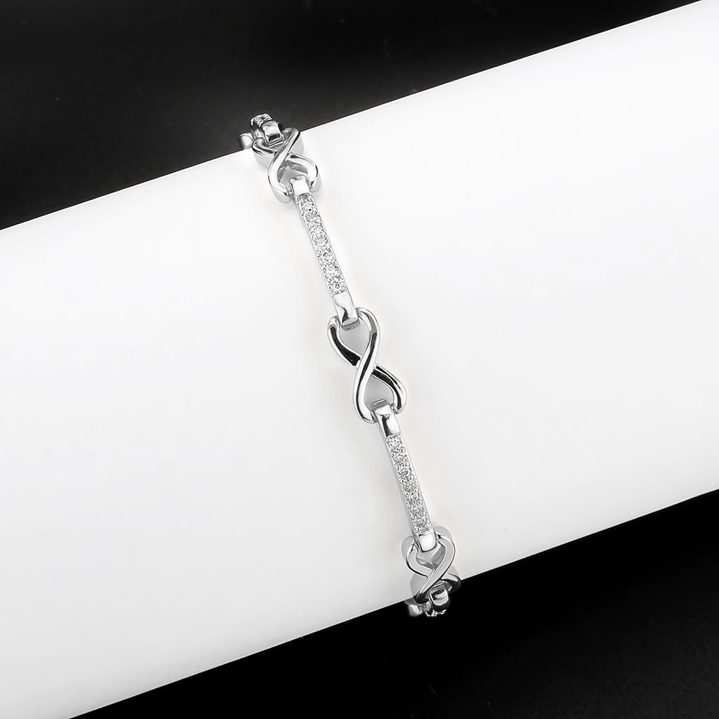 3W1631 Rhodium Brass Bracelet featuring a clear AAA Grade CZ stone, showcasing its elegant design and luxurious finish.