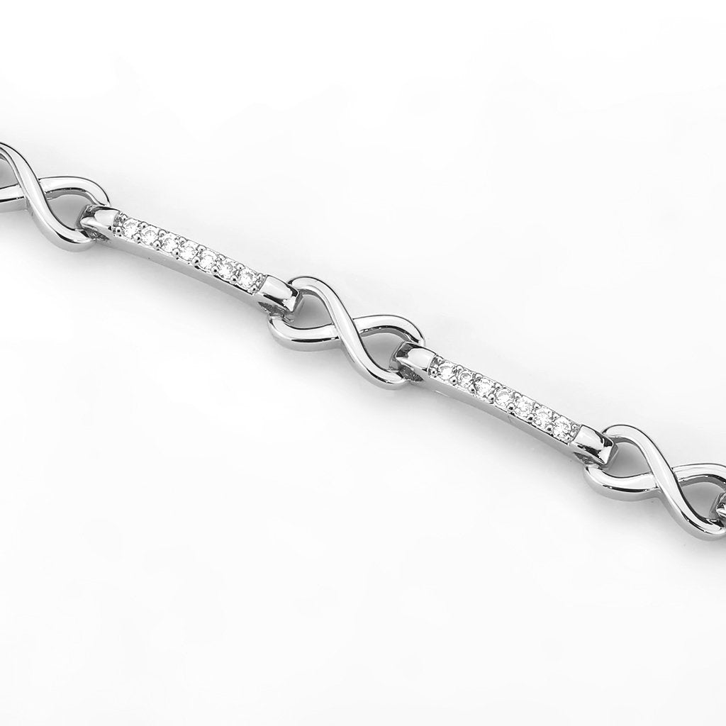 3W1631 Rhodium Brass Bracelet featuring a clear AAA Grade CZ stone, showcasing its elegant design and luxurious finish.