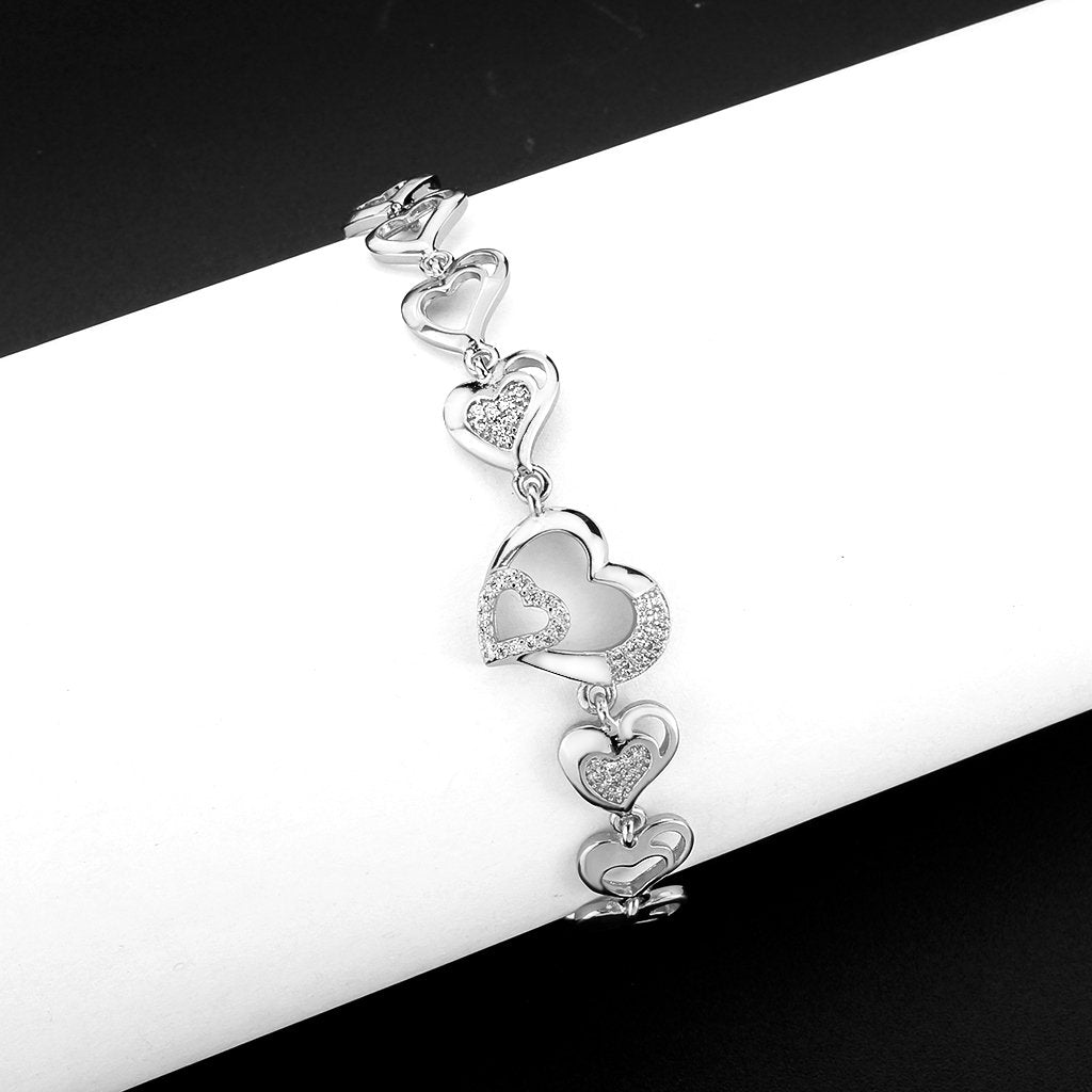 3W1634 Rhodium Brass Bracelet featuring AAA Grade Clear CZ stones, showcasing its elegant design and luxurious finish.