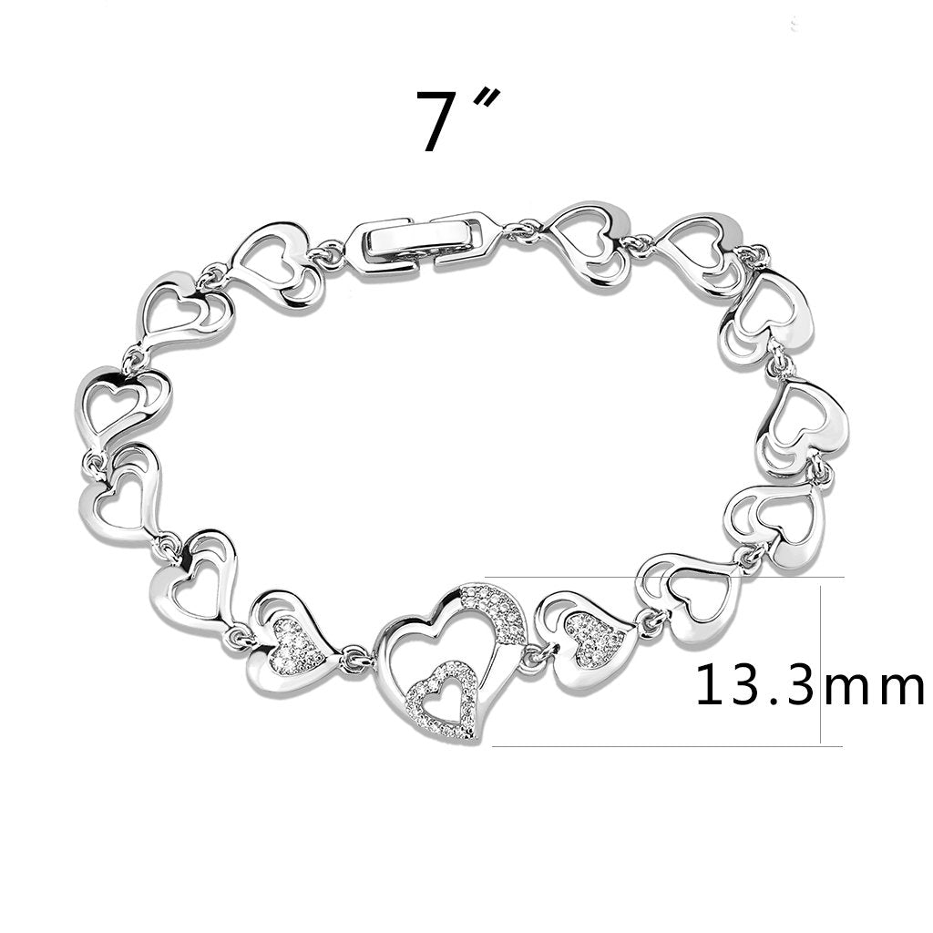 3W1634 Rhodium Brass Bracelet featuring AAA Grade Clear CZ stones, showcasing its elegant design and luxurious finish.