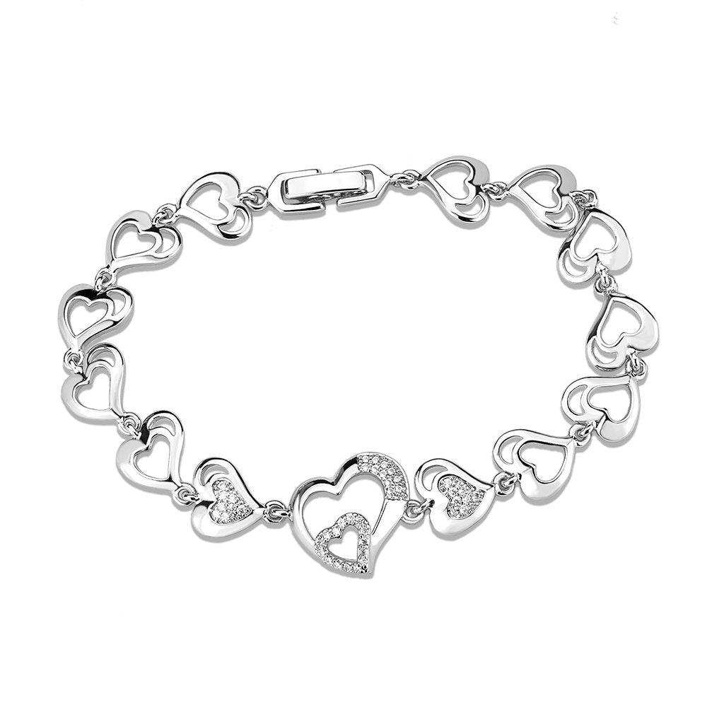 3W1634 Rhodium Brass Bracelet featuring AAA Grade Clear CZ stones, showcasing its elegant design and luxurious finish.