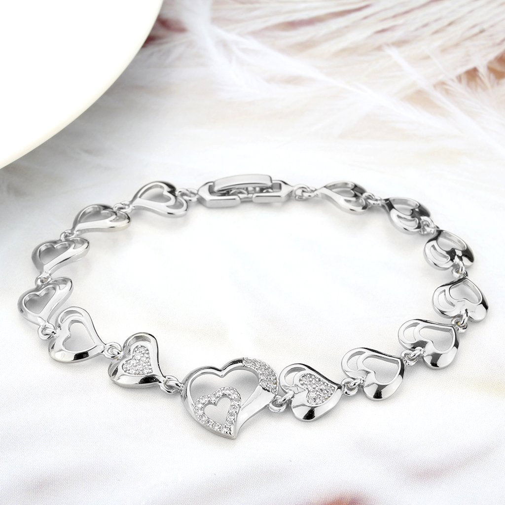 3W1634 Rhodium Brass Bracelet featuring AAA Grade Clear CZ stones, showcasing its elegant design and luxurious finish.