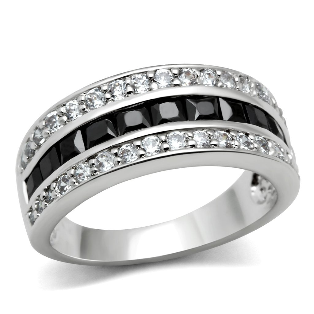 3W117 Rhodium Brass Ring featuring AAA Grade CZ in Jet color, showcasing its elegant design and sparkling center stone.