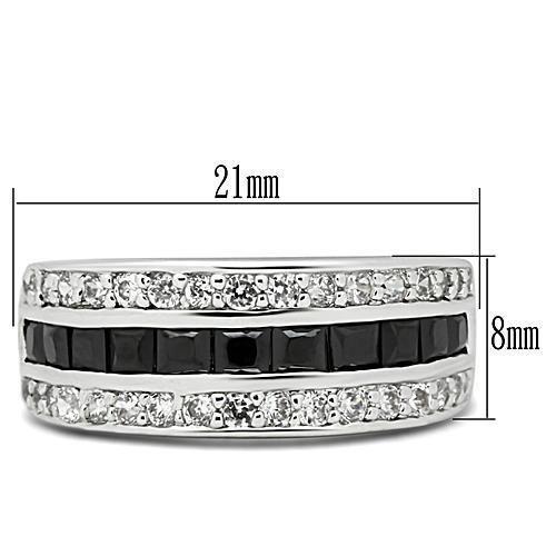 3W117 Rhodium Brass Ring featuring AAA Grade CZ in Jet color, showcasing its elegant design and sparkling center stone.