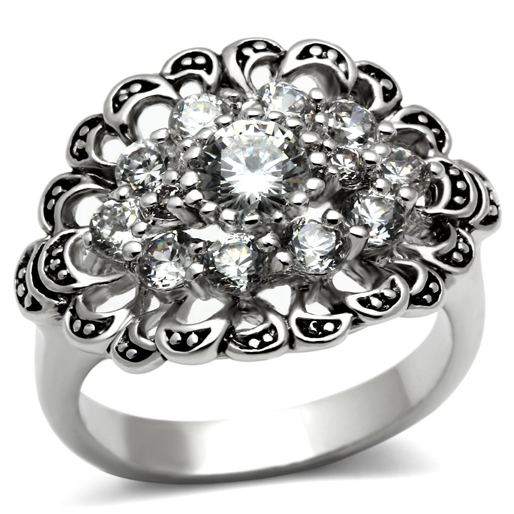 3W184 Rhodium Brass Ring featuring a clear AAA Grade CZ stone, showcasing its elegant design and shiny finish.