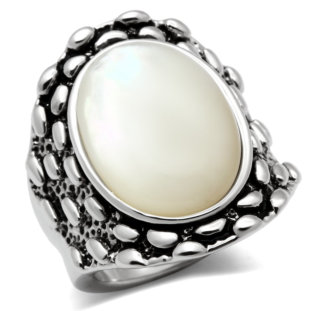 3W186 Rhodium Brass Ring featuring a white conch precious stone, showcasing its elegant design and shiny finish.