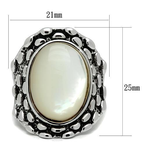 3W186 Rhodium Brass Ring featuring a white conch precious stone, showcasing its elegant design and shiny finish.