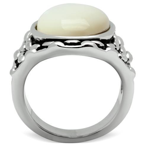 3W186 Rhodium Brass Ring featuring a white conch precious stone, showcasing its elegant design and shiny finish.