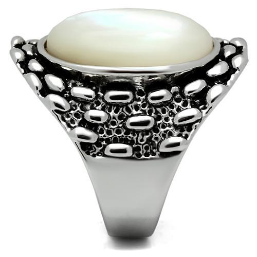 3W186 Rhodium Brass Ring featuring a white conch precious stone, showcasing its elegant design and shiny finish.