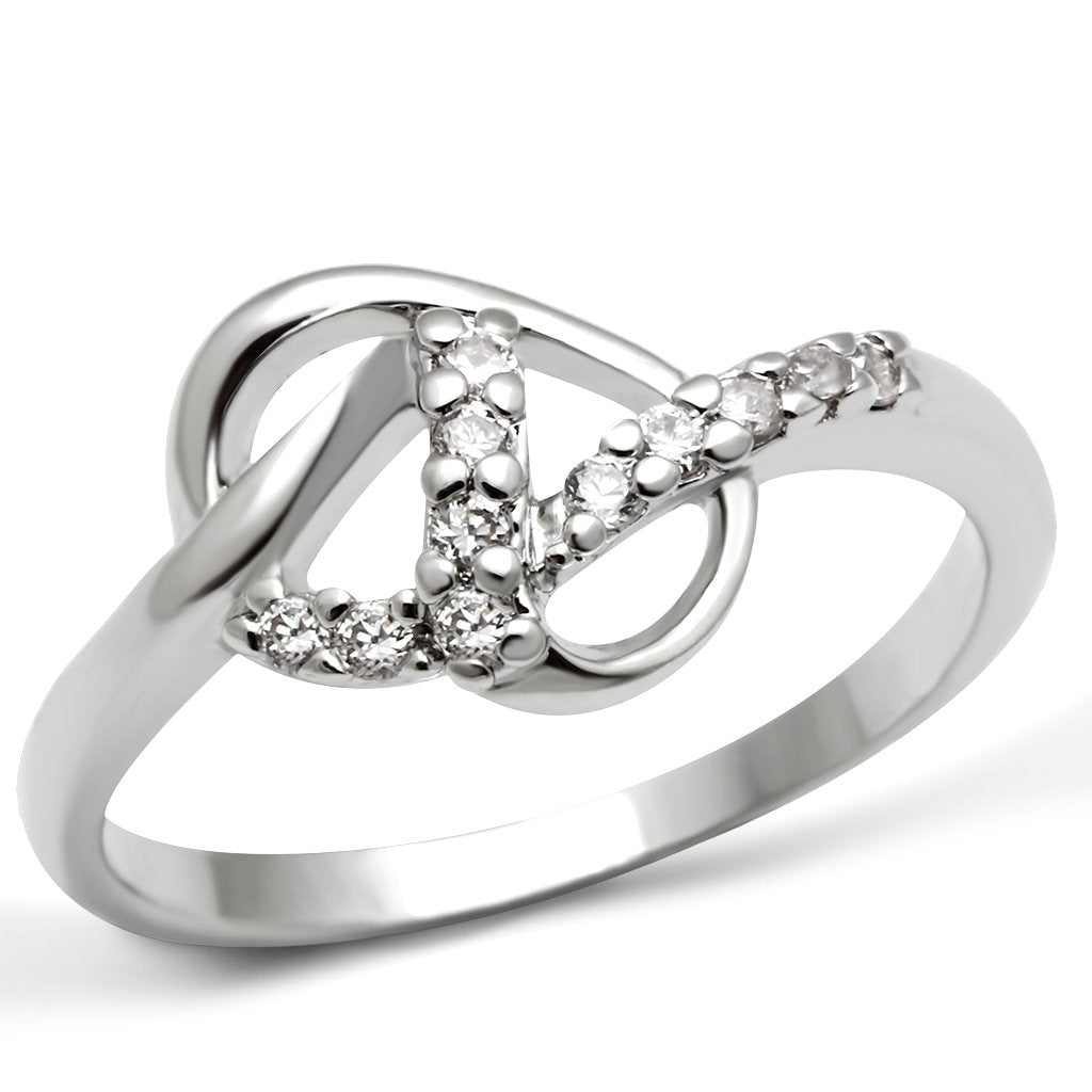 3W190 Rhodium Brass Ring featuring a clear AAA Grade CZ stone, showcasing its elegant design and shiny finish.