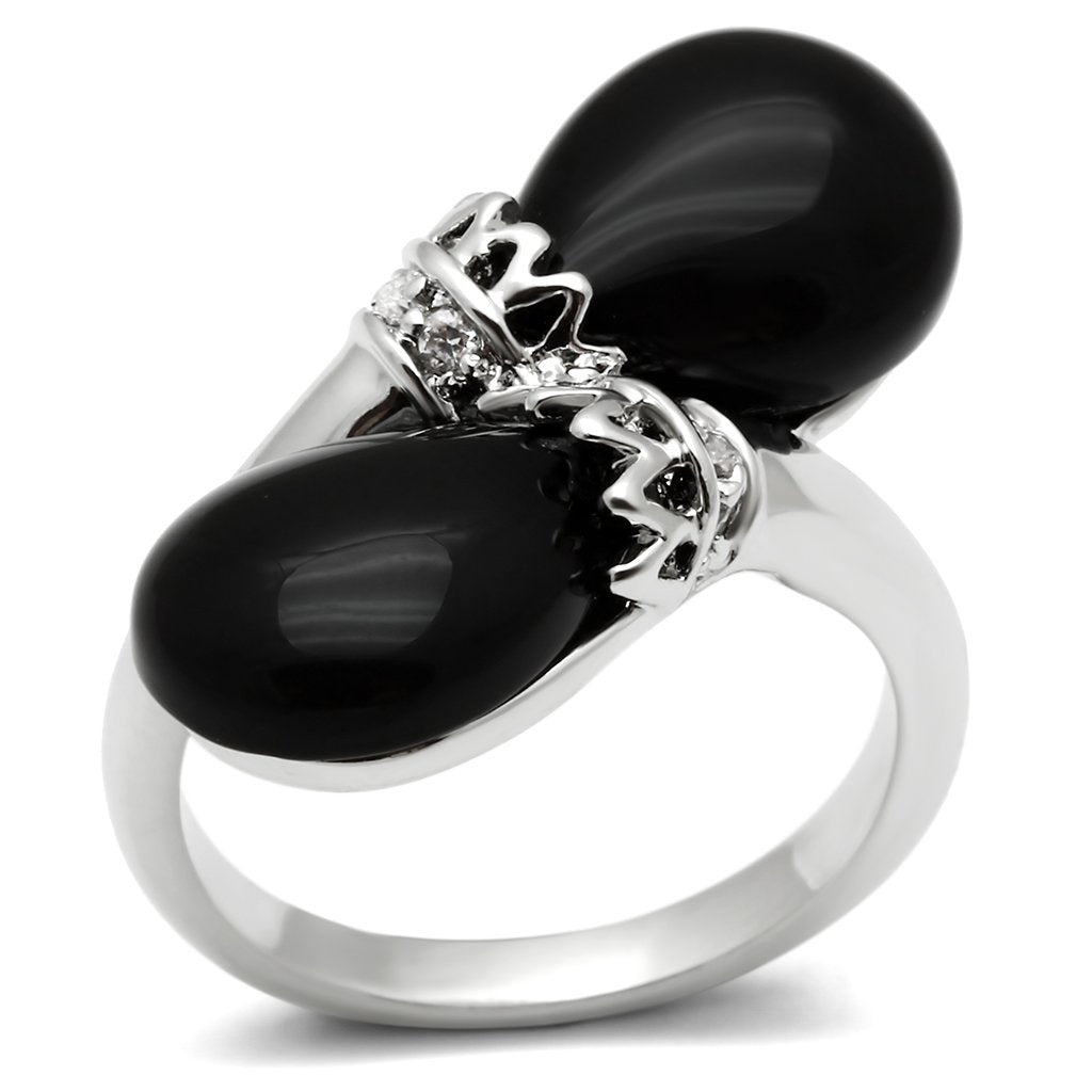 3W195 Rhodium Brass Ring featuring a semi-precious jet black Onyx stone, showcasing elegance and sophistication.