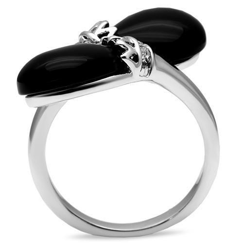 3W195 Rhodium Brass Ring featuring a semi-precious jet black Onyx stone, showcasing elegance and sophistication.