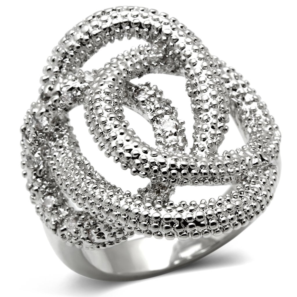 3W196 Rhodium Brass Ring featuring a clear AAA Grade CZ stone, showcasing its elegant design and luxurious finish.