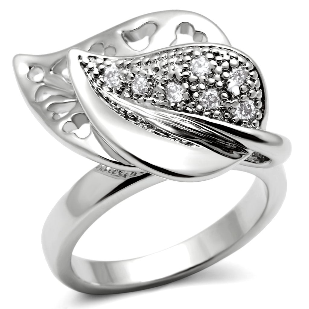 3W200 Rhodium Brass Ring featuring a clear AAA Grade CZ stone, showcasing its elegant design and luxurious finish.