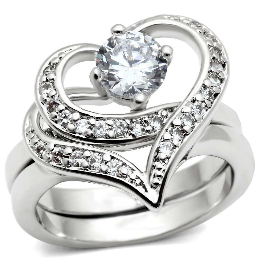 3W220 Rhodium Brass Ring featuring a clear AAA Grade CZ stone, showcasing its elegant design and shiny finish.