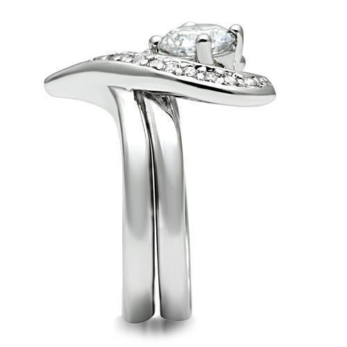 3W220 Rhodium Brass Ring featuring a clear AAA Grade CZ stone, showcasing its elegant design and shiny finish.