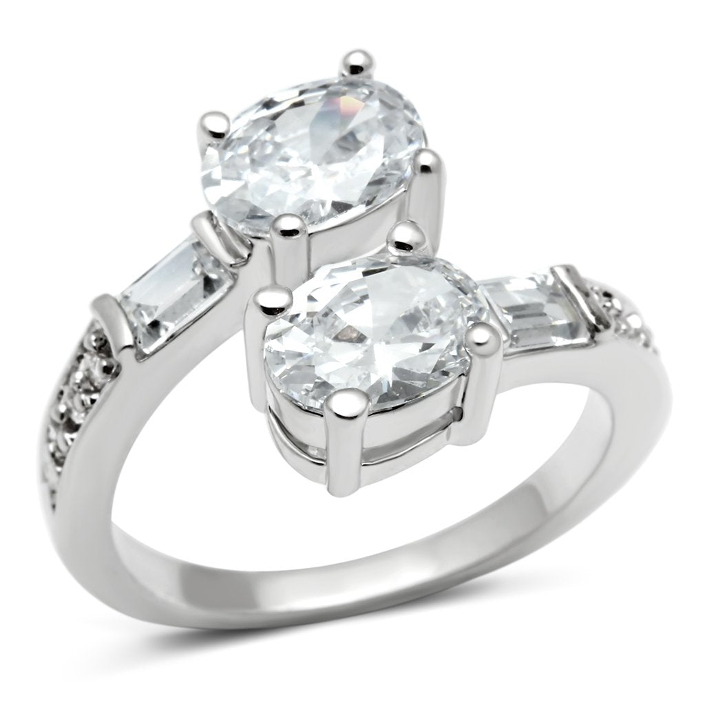 3W203 Rhodium Brass Ring featuring a clear AAA Grade CZ stone, showcasing its elegant design and shiny finish.