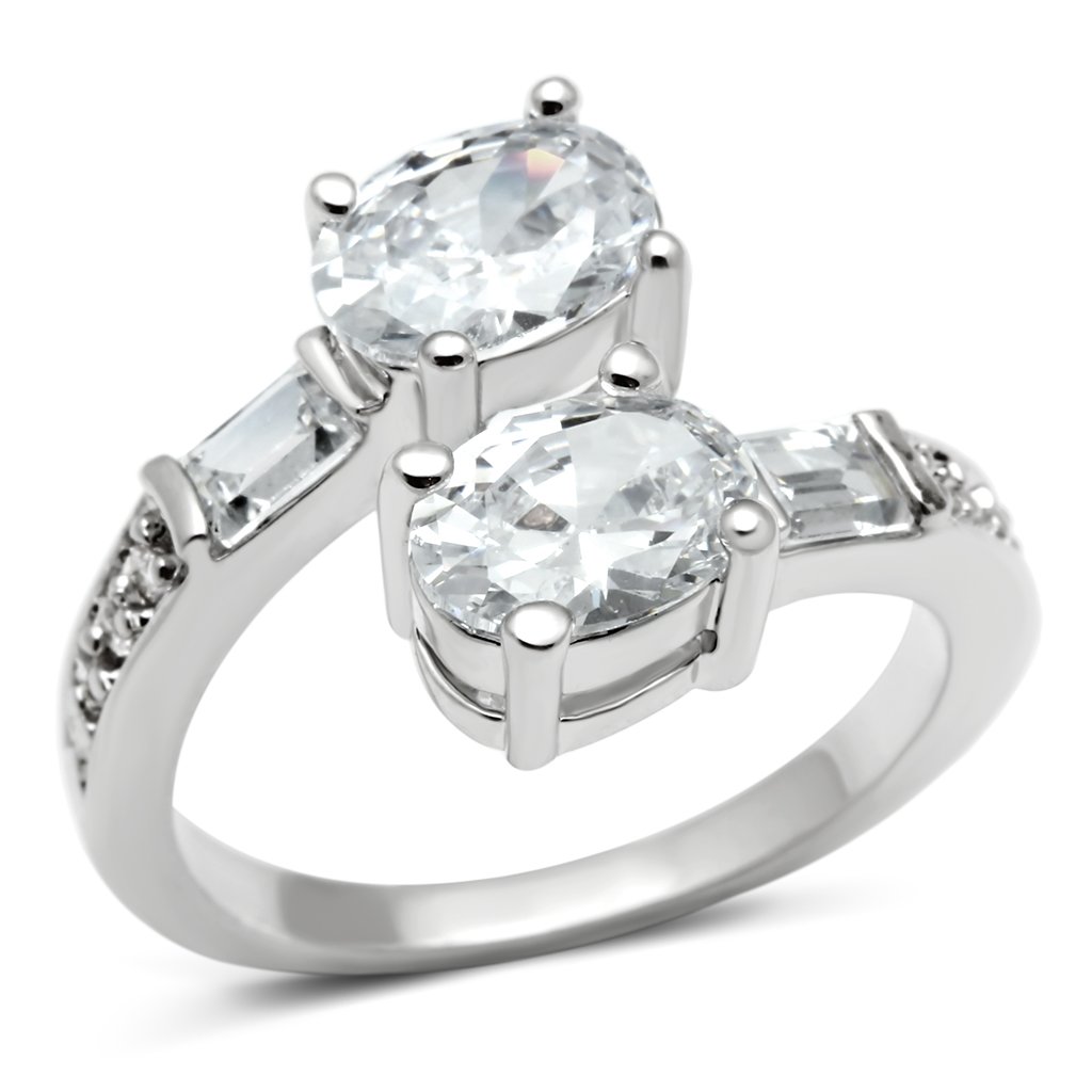 3W203 Rhodium Brass Ring featuring AAA Grade CZ stones, showcasing a clear and sparkling design.