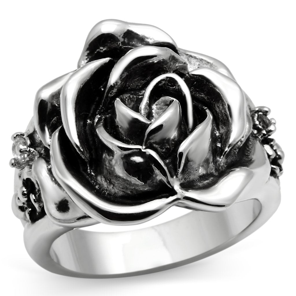 3W210 Rhodium Brass Ring featuring a clear AAA Grade CZ center stone, showcasing its elegant design and shiny finish.