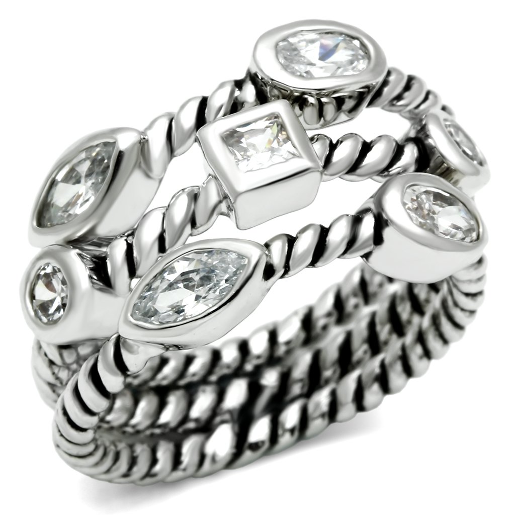 3W212 Rhodium Brass Ring featuring a clear AAA Grade CZ stone, showcasing its elegant design and luxurious finish.