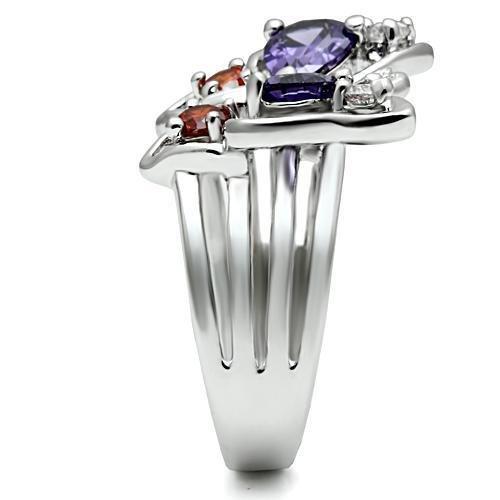 3W233 Rhodium Brass Ring featuring a multi-color AAA Grade CZ stone, showcasing elegance and style.