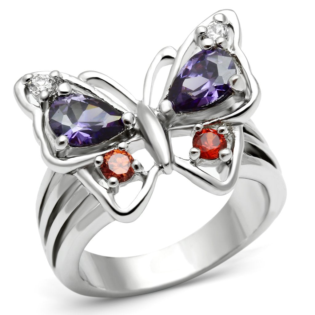 3W233 Rhodium Brass Ring featuring a multi-color AAA Grade CZ stone, showcasing elegance and style.