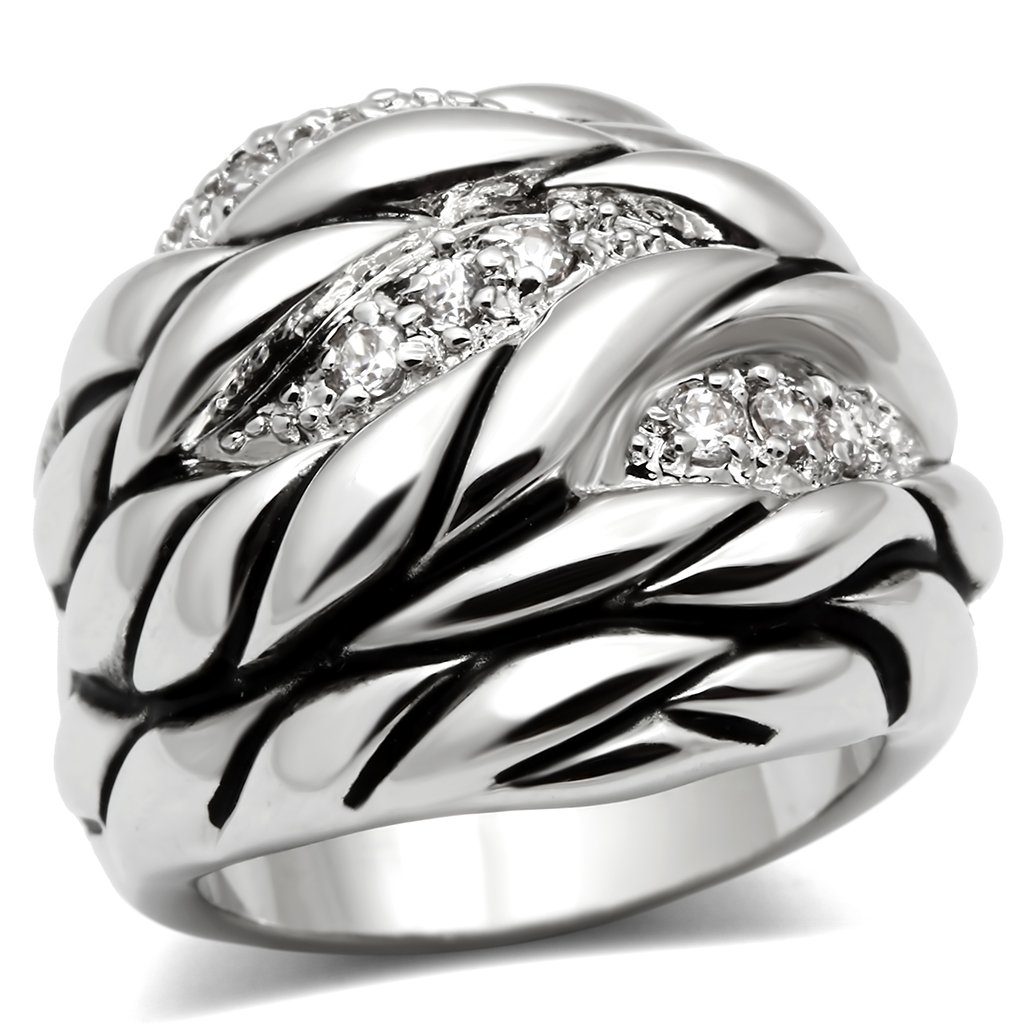 3W231 Rhodium Brass Ring featuring a clear AAA Grade CZ stone, showcasing its elegant design and luxurious finish.